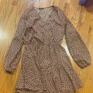mittoshop Tan Leopard Print Long-Sleeve V-Neck Dress